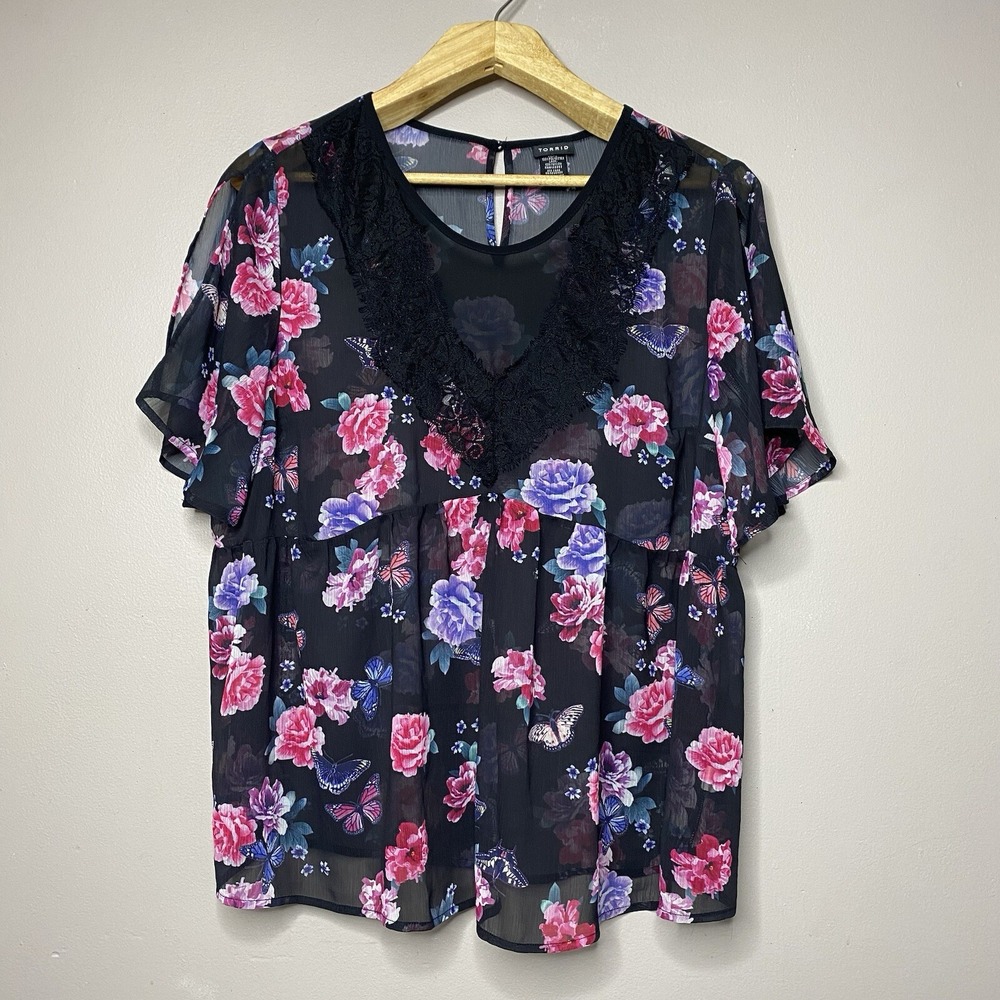 Torrid Womens Size 1 =1X Black Pink Floral Butterfly Sheer Cold Shoulder Top